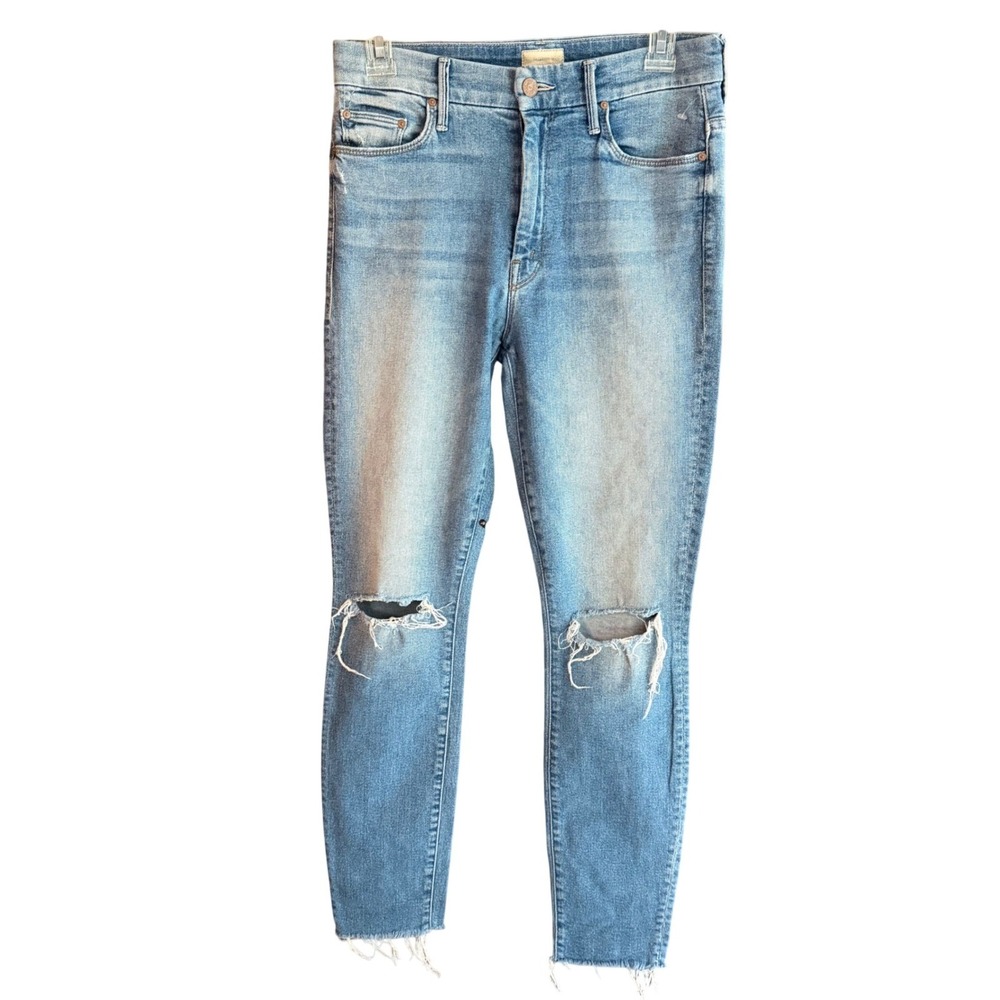 MOTHER High Waisted Looker Ankle Fray Jeans Thrilling Shots Distressed Raw Hem